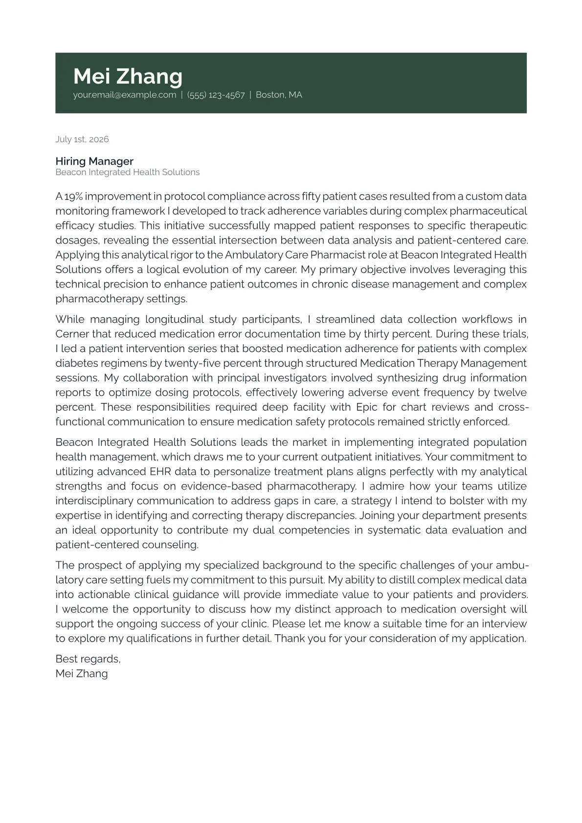 Ambulatory Care Pharmacist cover letter in the Banner design