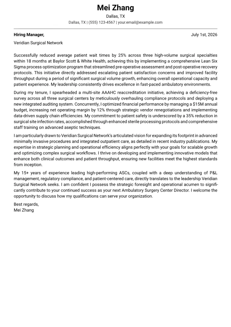 Ambulatory Surgery Center Director cover letter example preview