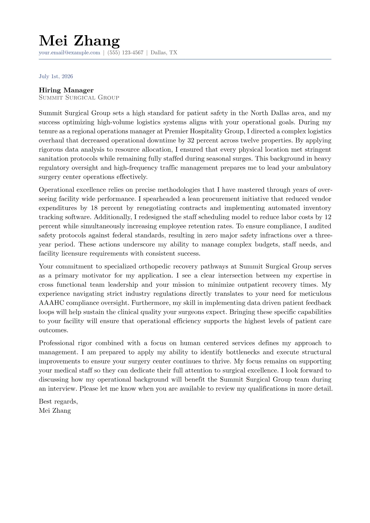 Ambulatory Surgery Center Director cover letter in the Classic design