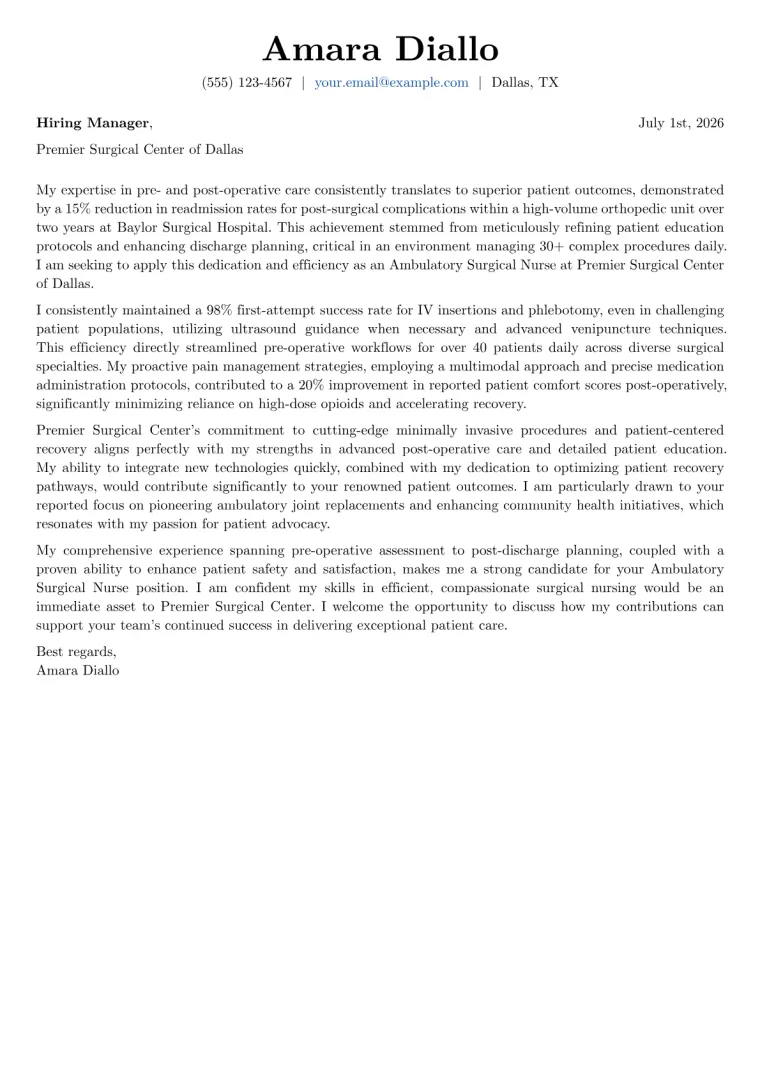 Ambulatory Surgical Nurse cover letter example preview