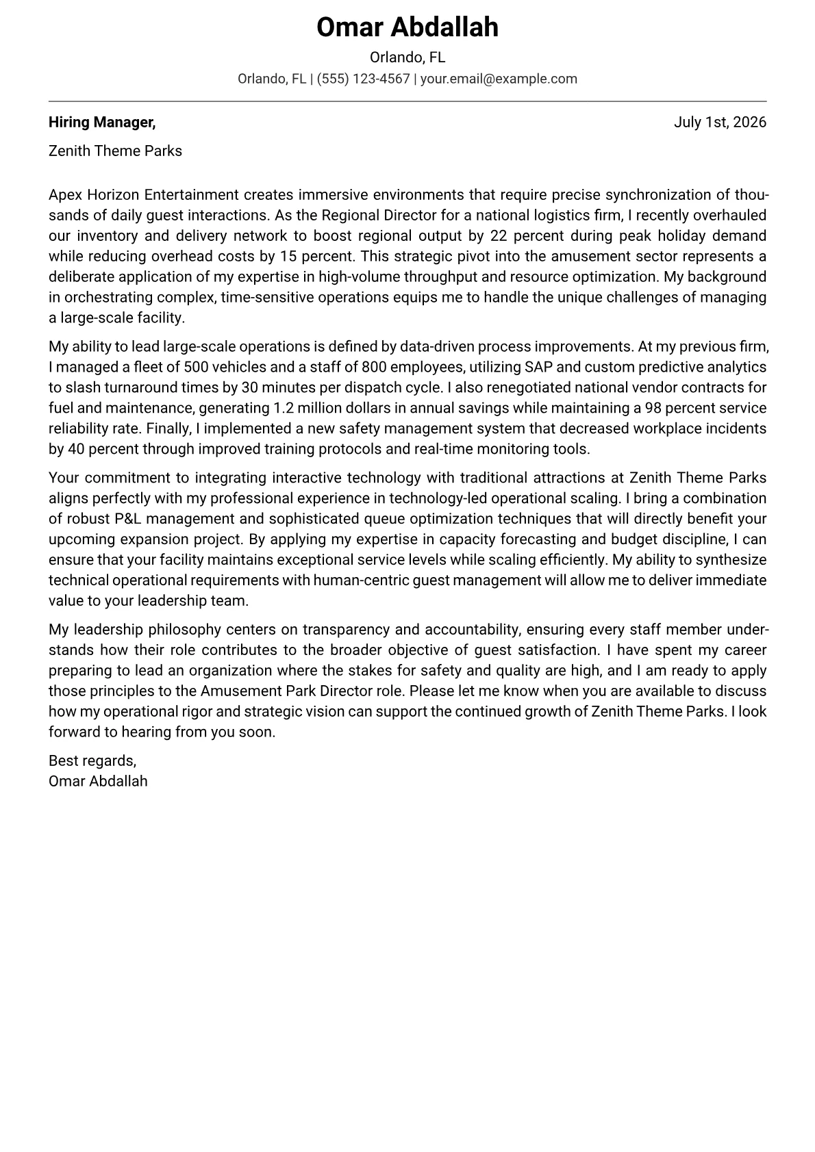 Amusement Park Director cover letter in the Modern design