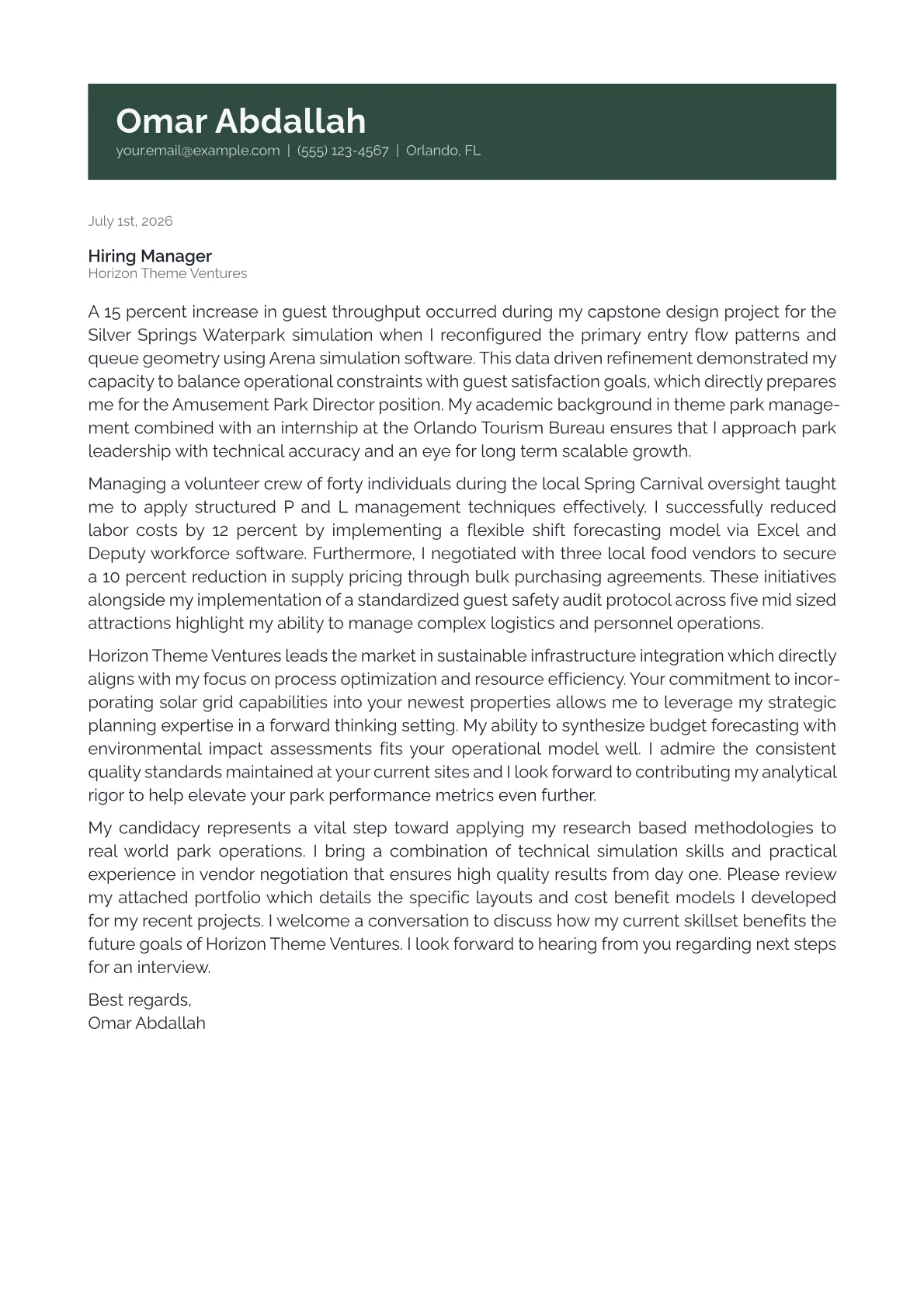 Amusement Park Director cover letter in the Banner design