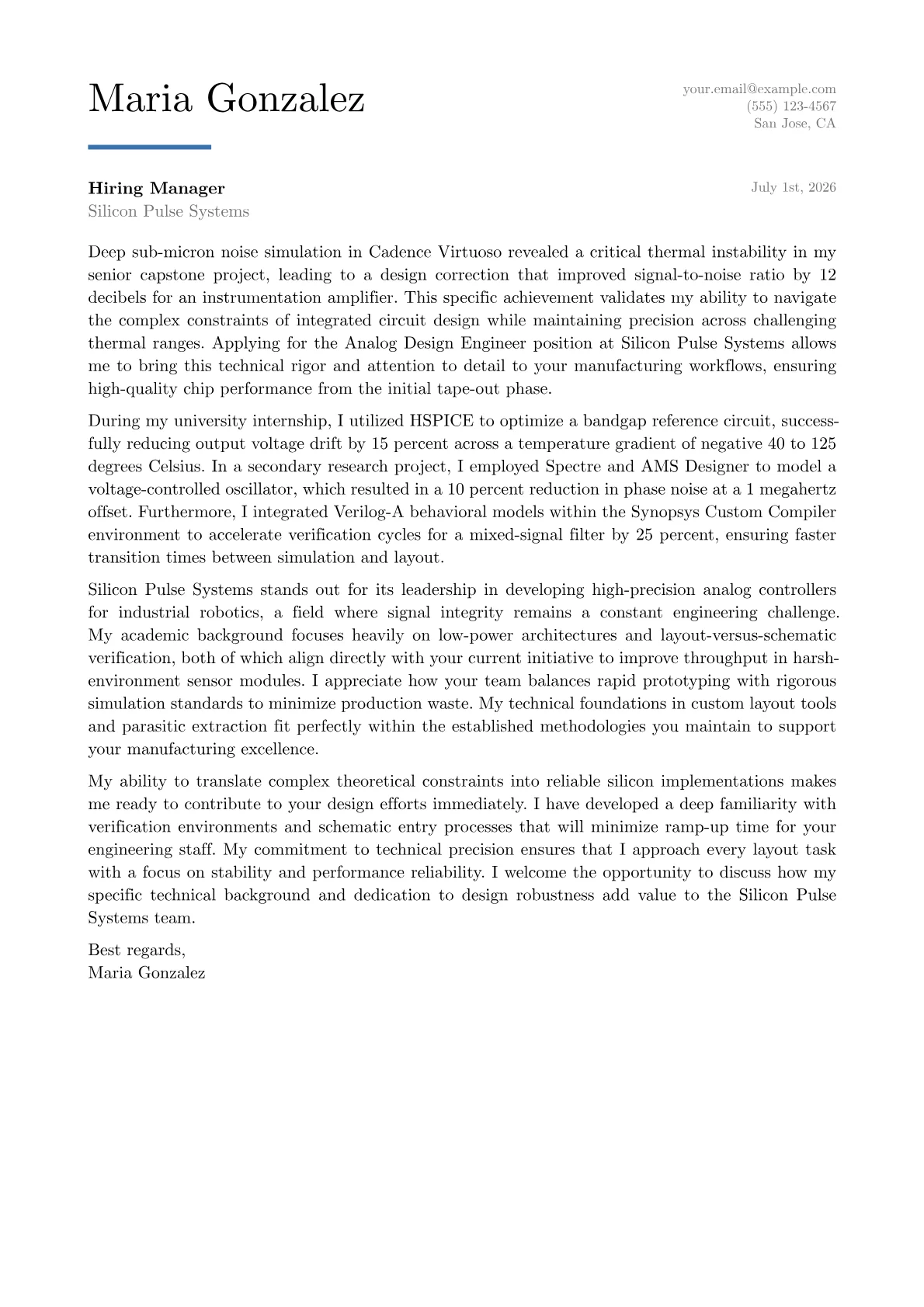 Analog Design Engineer cover letter in the Executive design