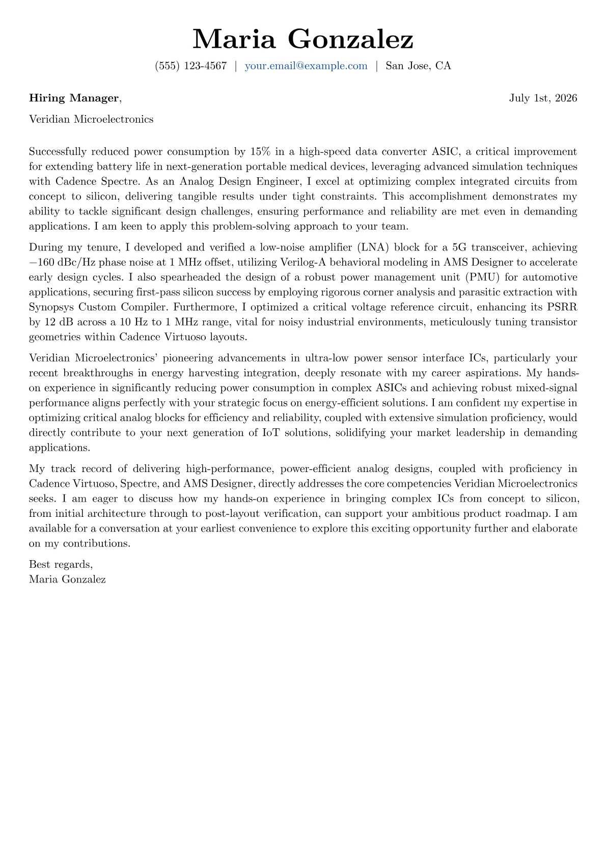 Analog Design Engineer cover letter formatted with a JobSprout template