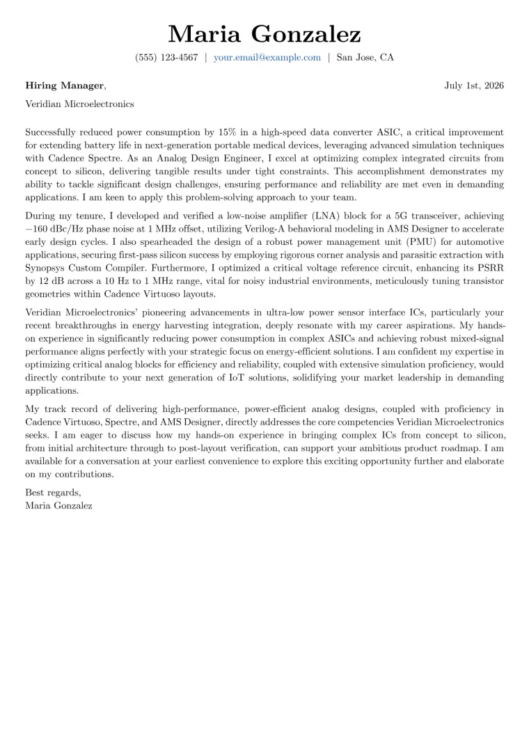 Analog Design Engineer cover letter example preview