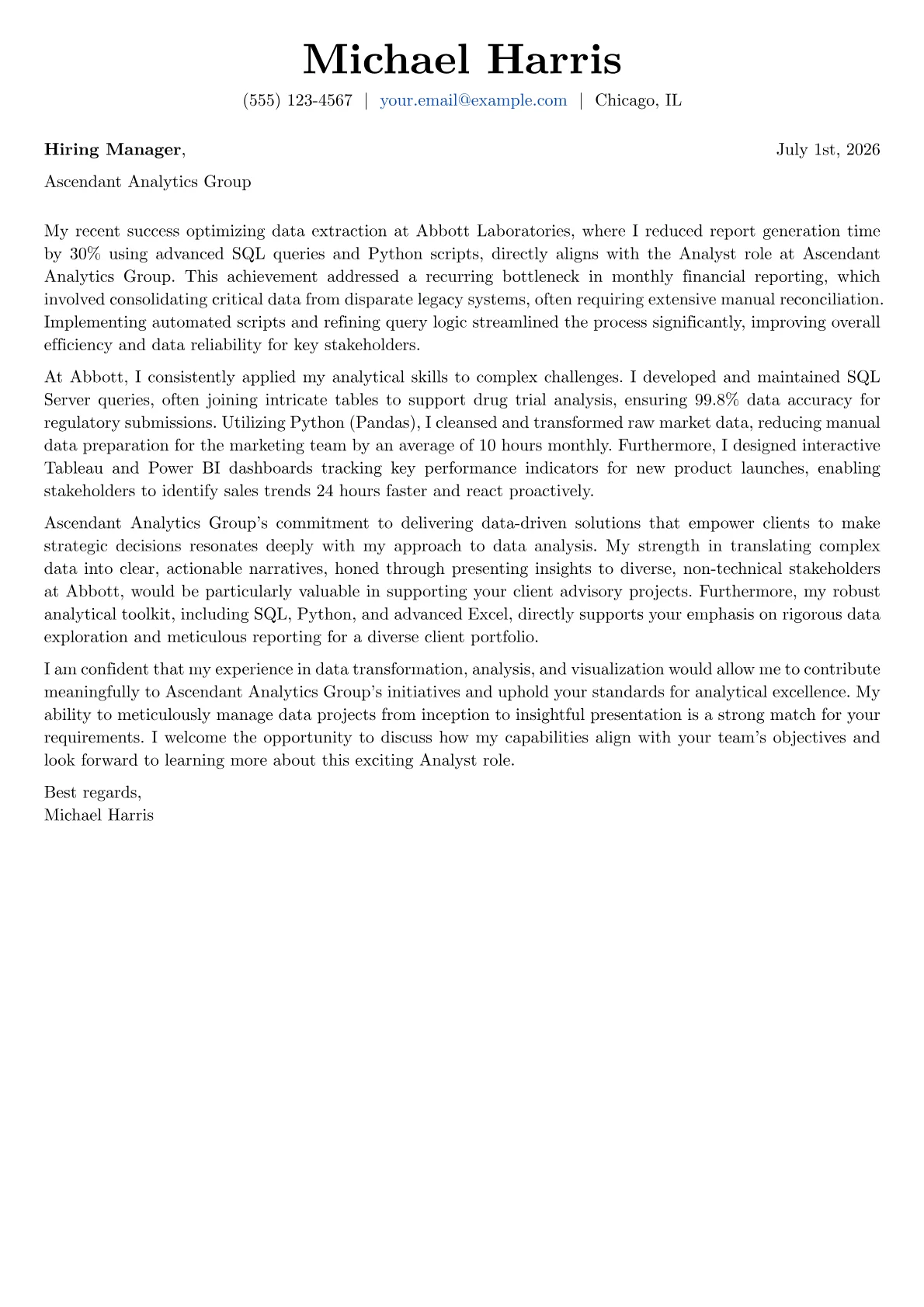 Analyst cover letter formatted with a JobSprout template