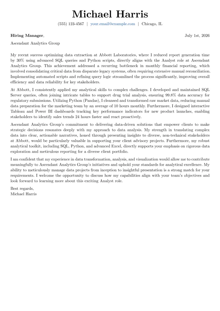 Analyst Cover Letter Example