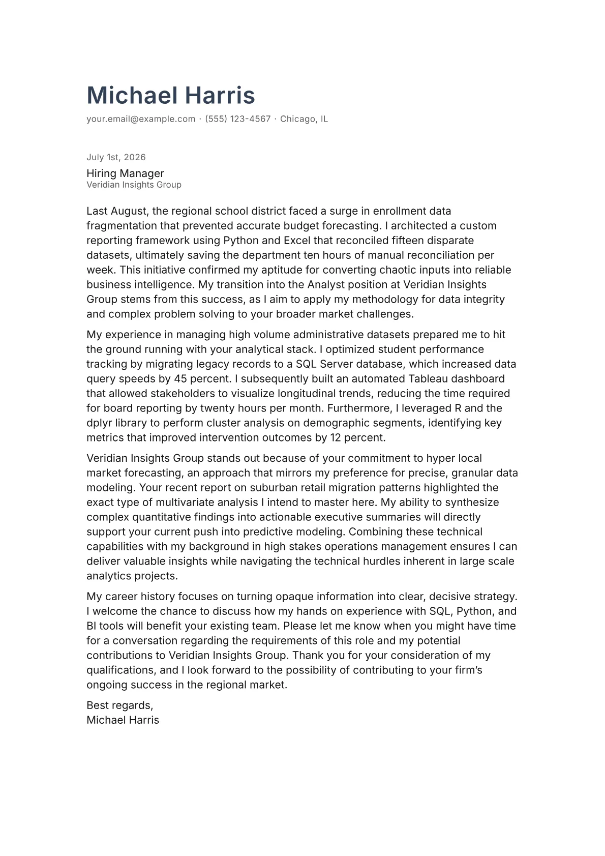 Analyst cover letter in the Minimal design