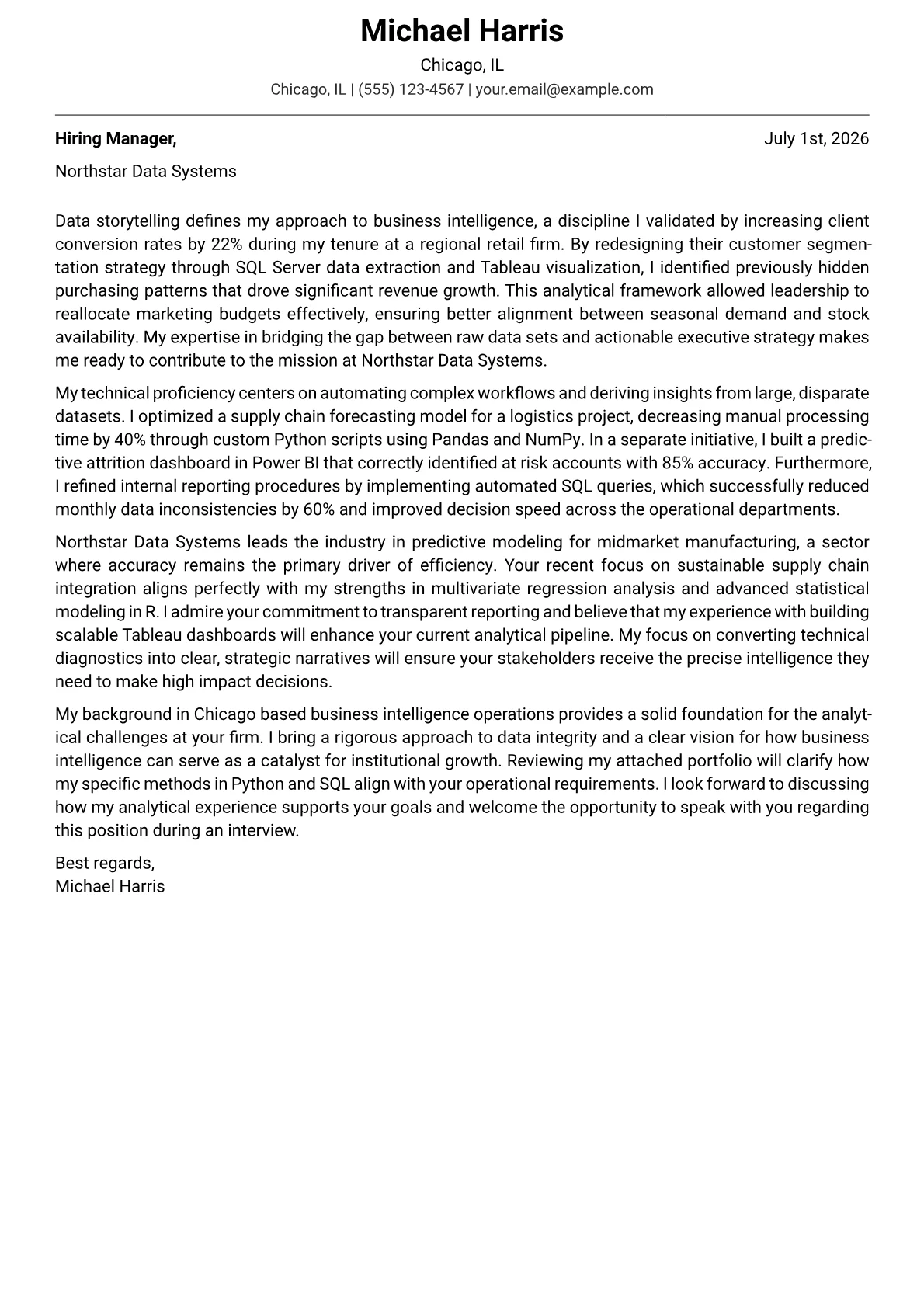 Analyst cover letter in the Modern design