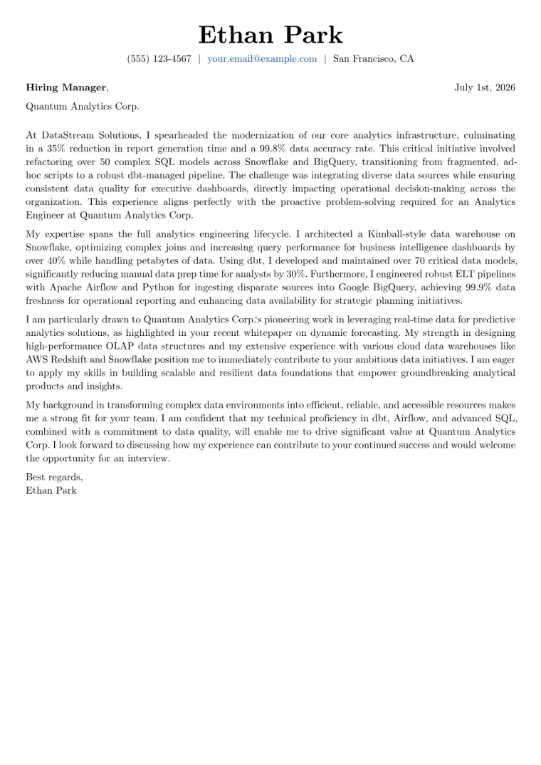 Analytics Engineer cover letter example preview