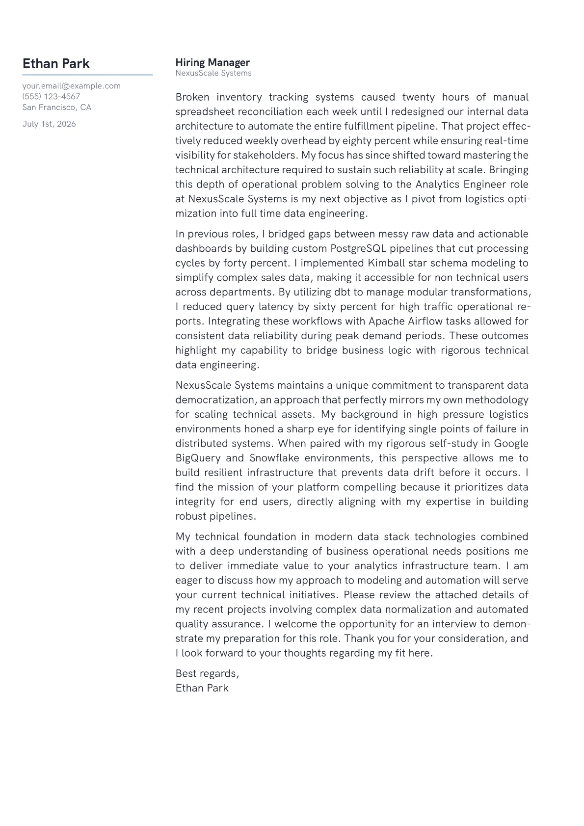 Analytics Engineer cover letter in the Margin design