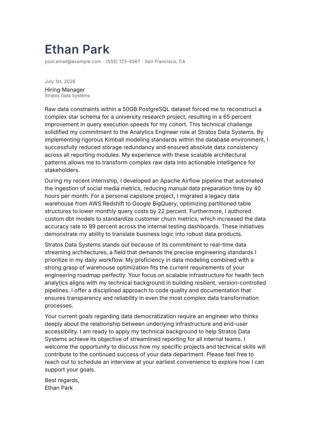 Analytics Engineer cover letter in the Minimal design
