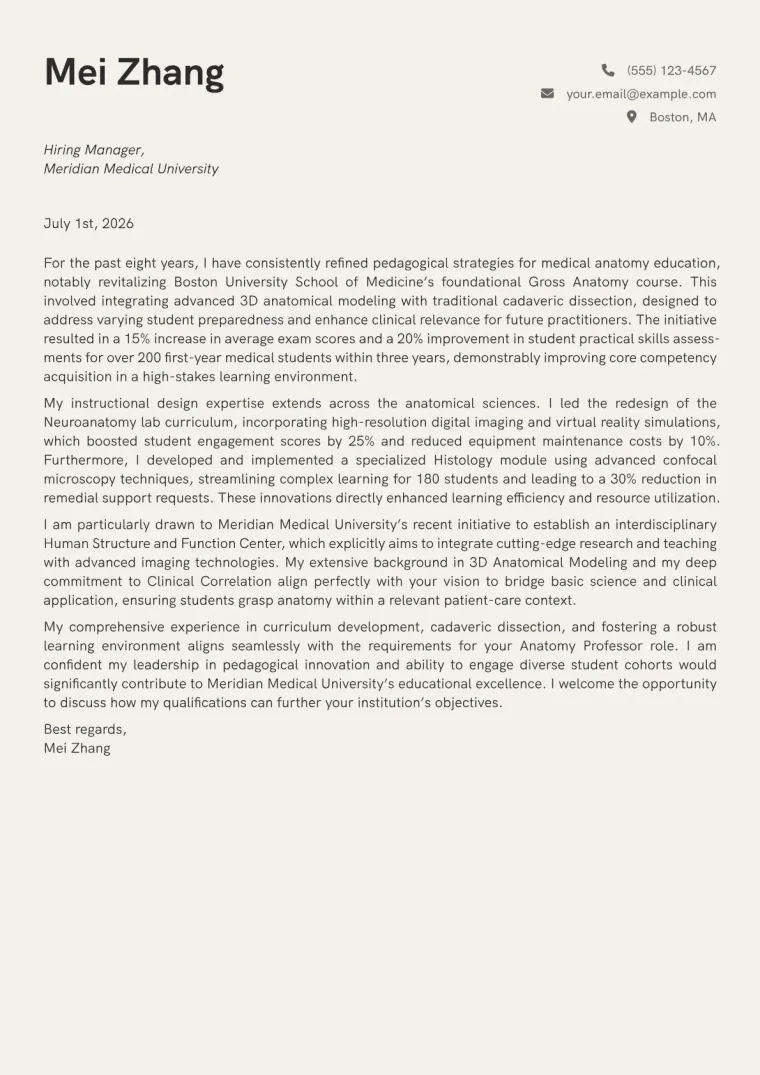Anatomy Professor Cover Letter Example