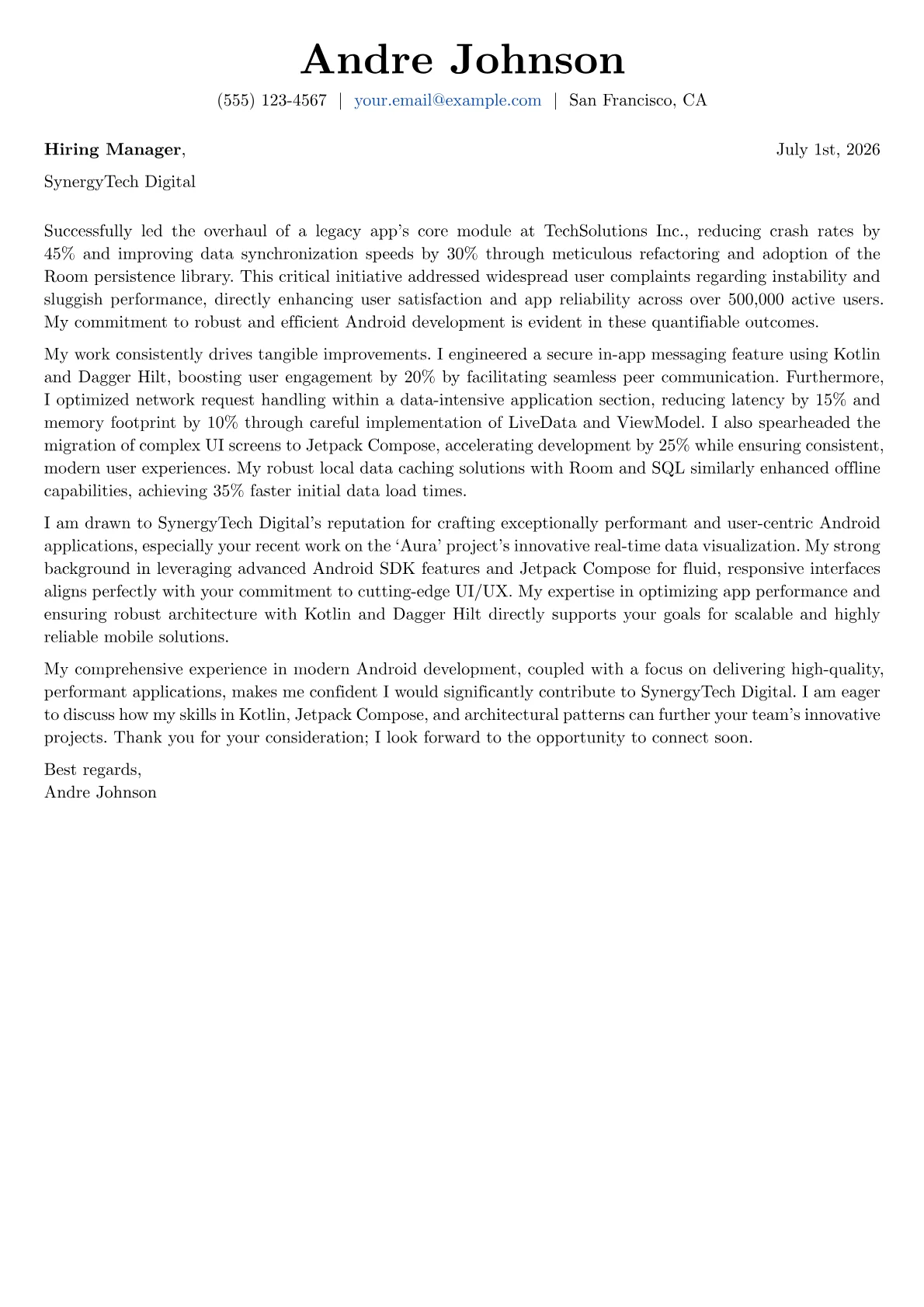 Android App Developer cover letter formatted with a JobSprout template