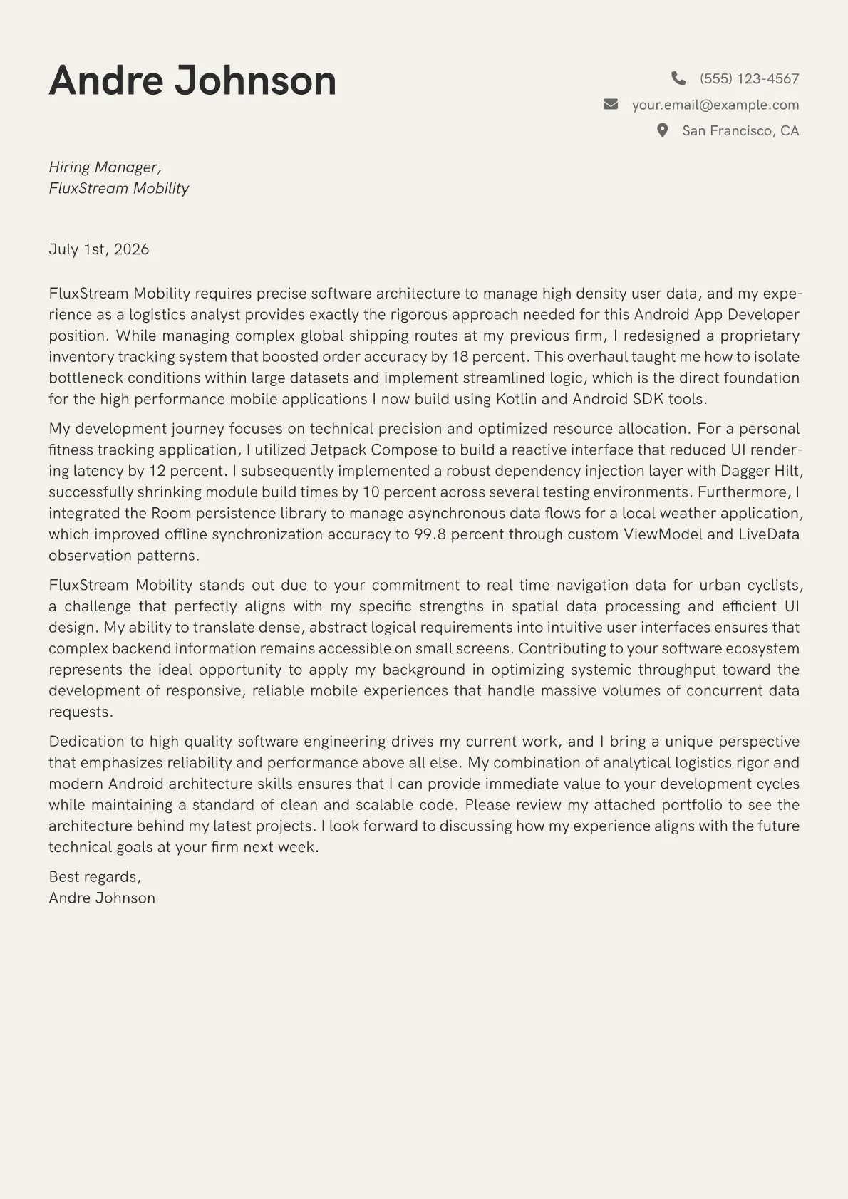 Android App Developer cover letter in the Creative design