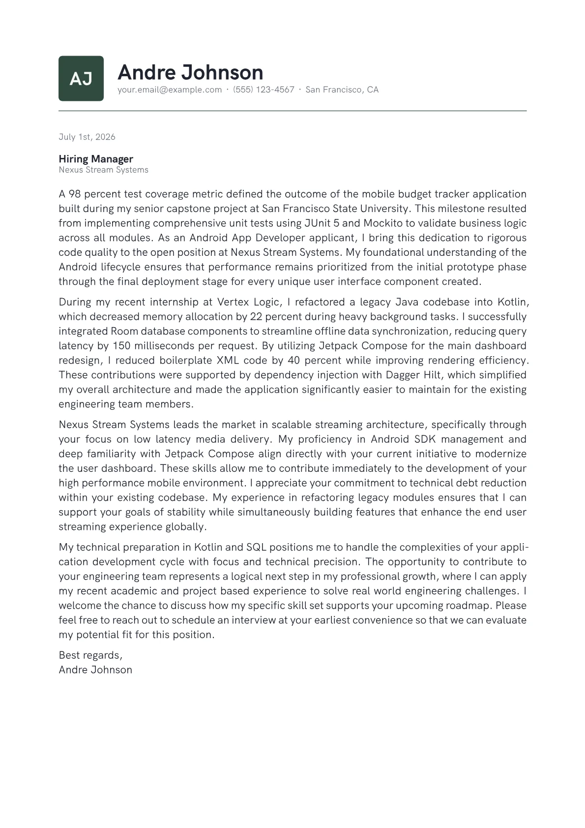 Android App Developer cover letter in the Emblem design