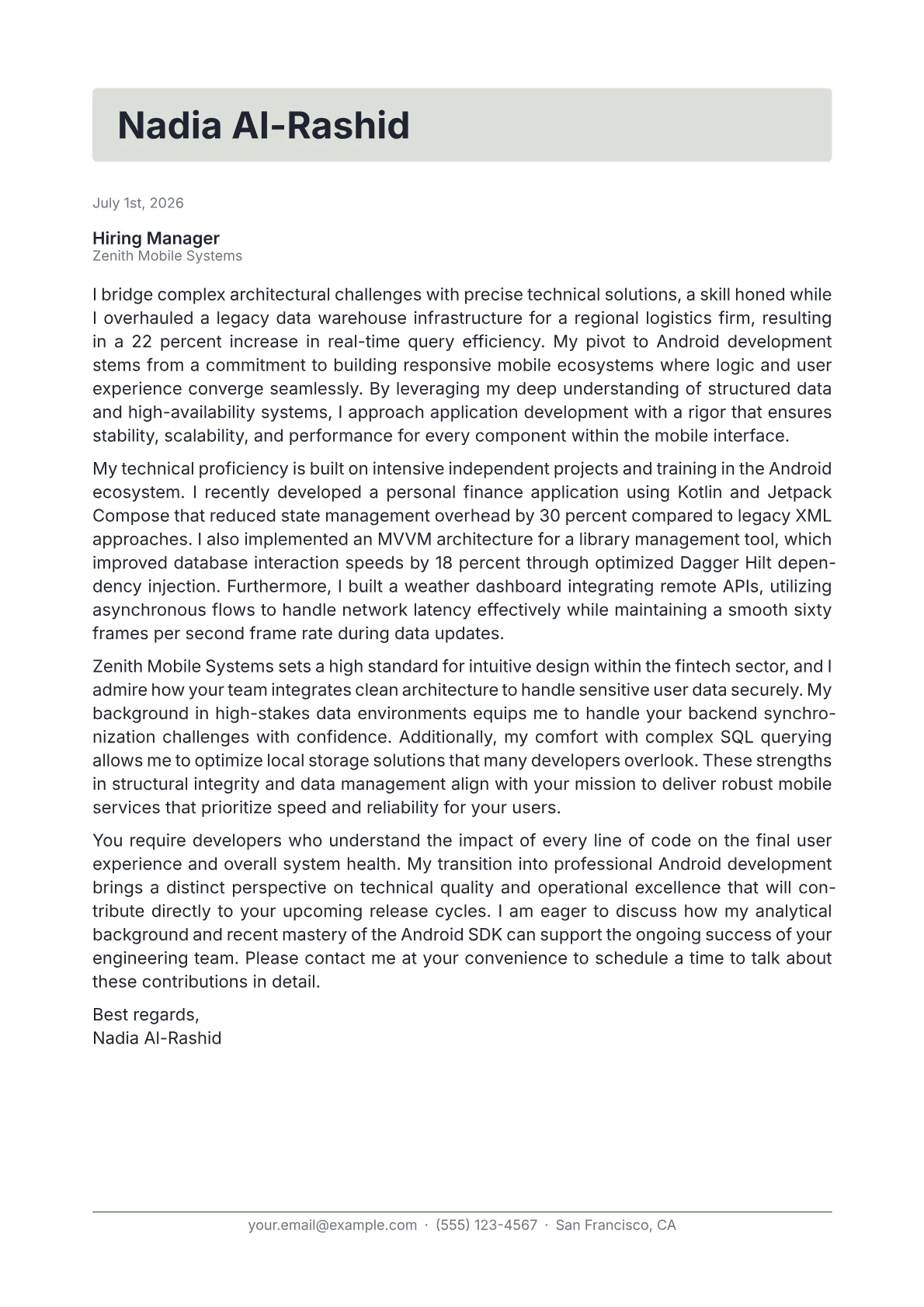 Android Application Developer cover letter in the Letterhead design