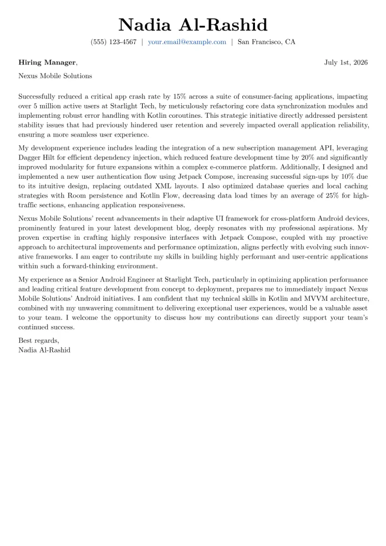 Android Application Developer cover letter example preview