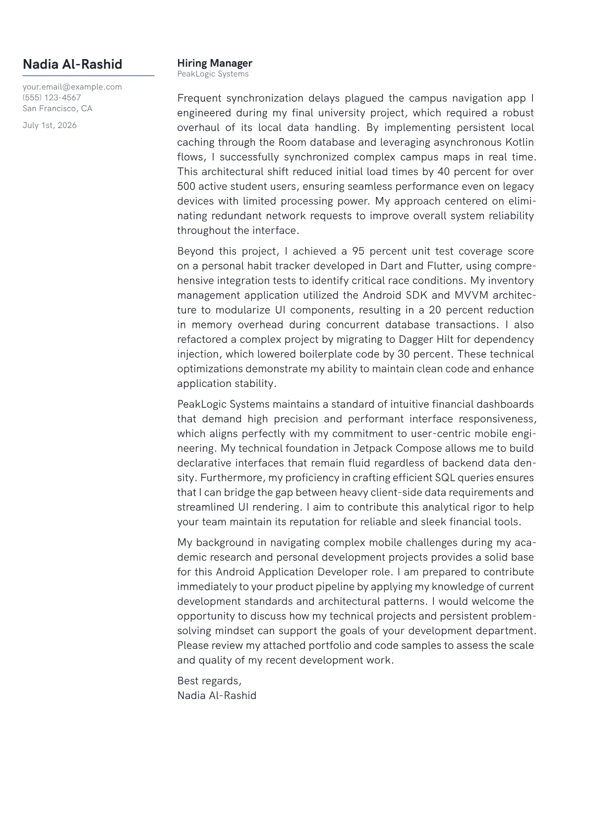 Android Application Developer cover letter in the Margin design