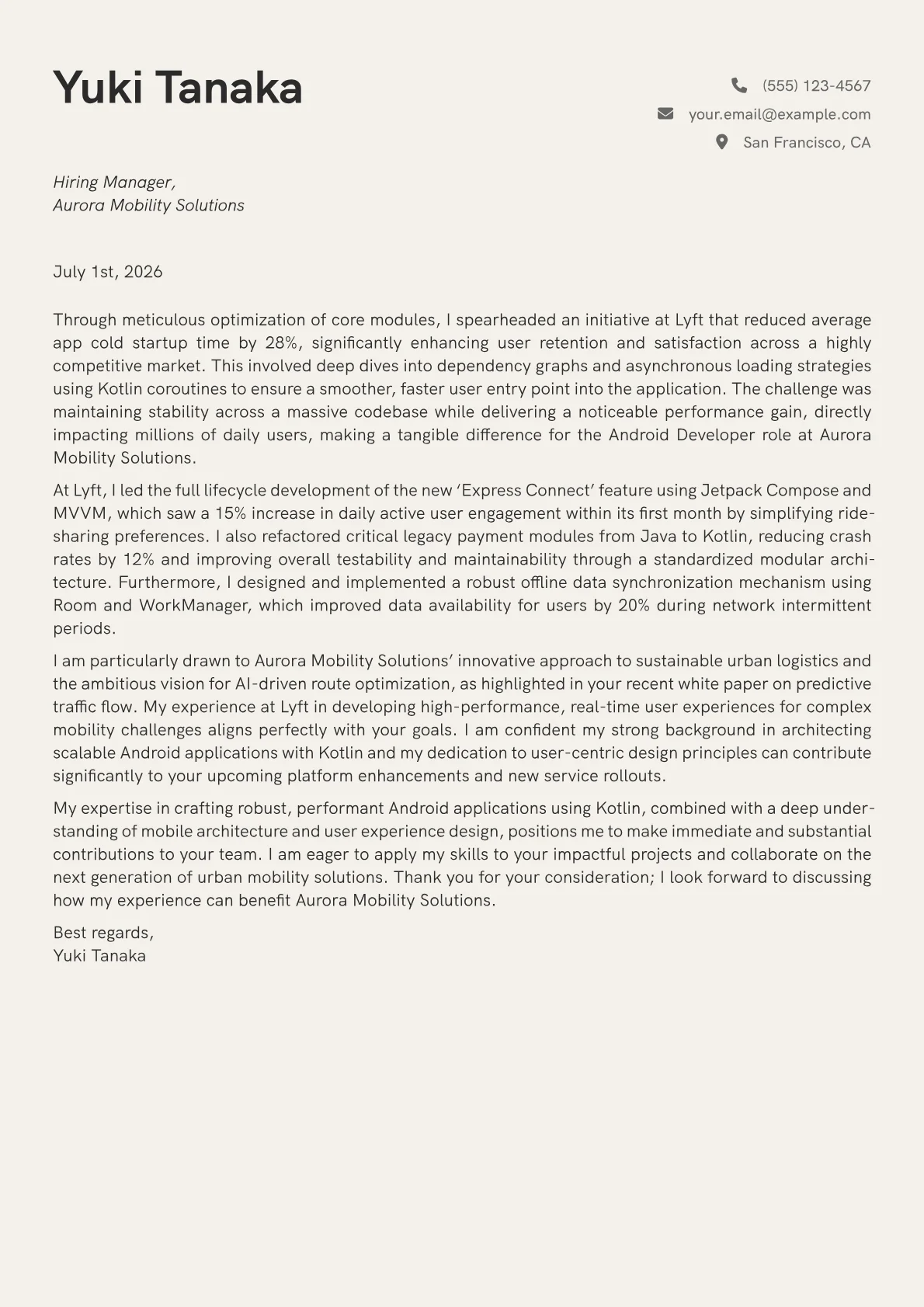 Android Developer cover letter formatted with a JobSprout template