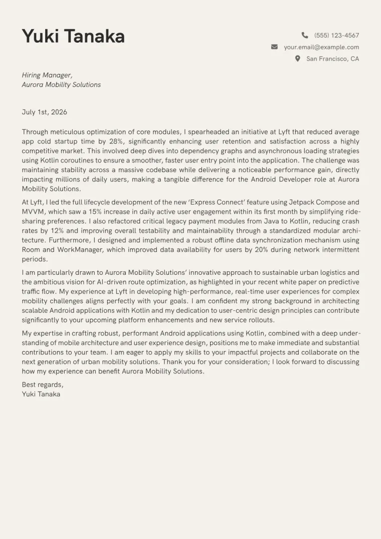 Android Developer cover letter example