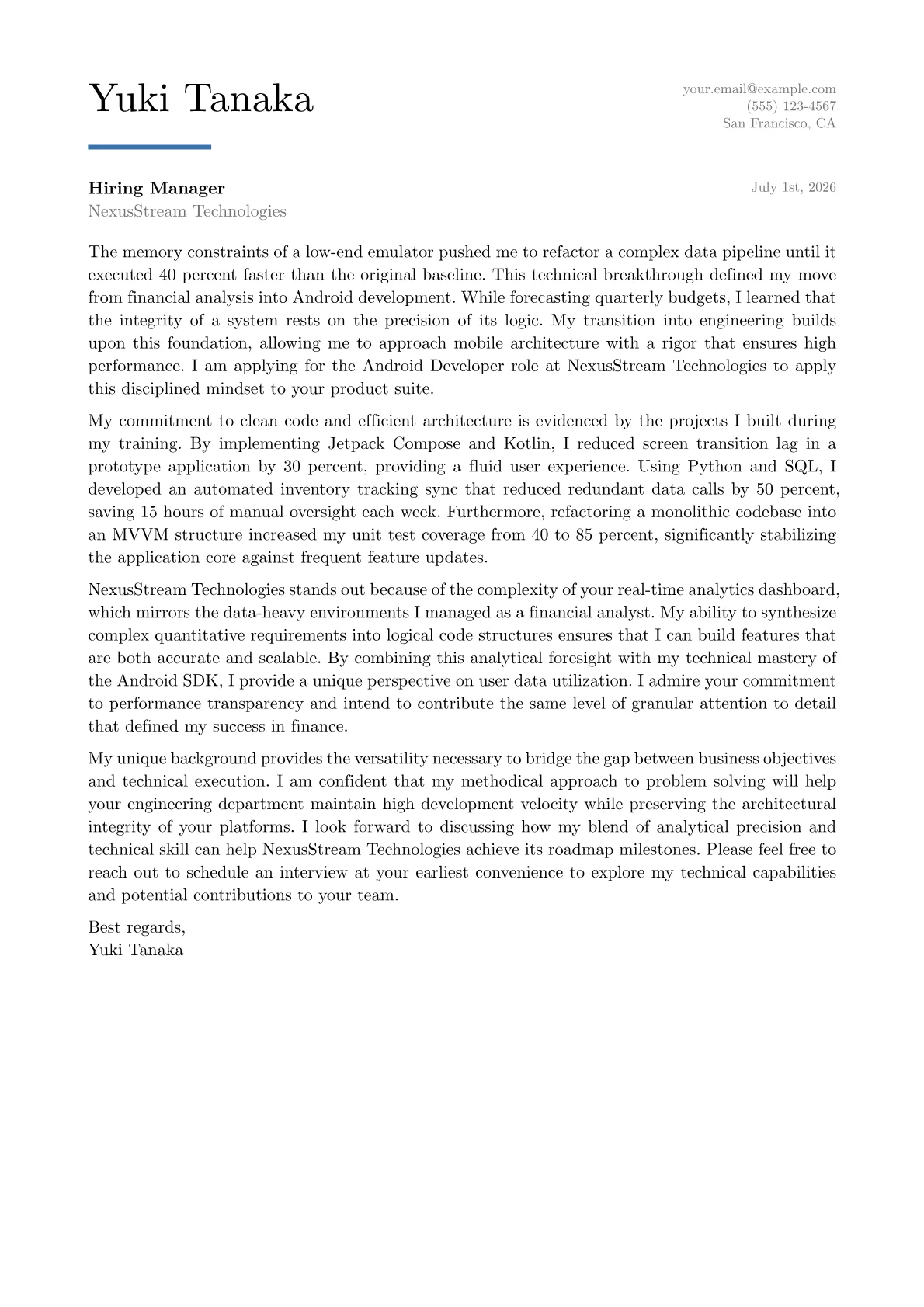 Android Developer cover letter in the Executive design