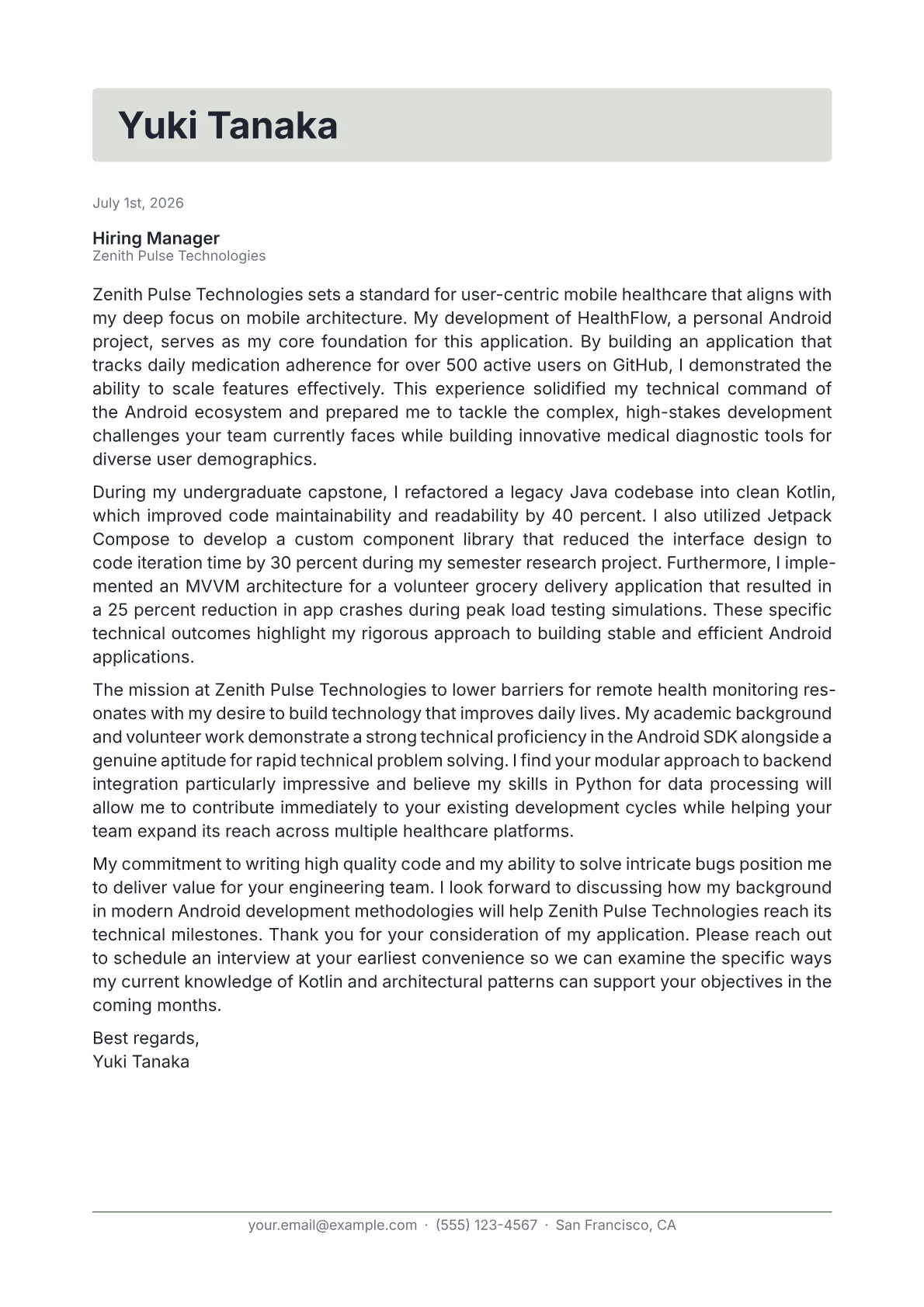 Android Developer cover letter in the Letterhead design