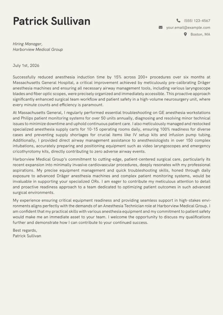 Anesthesia Technician Cover Letter Example