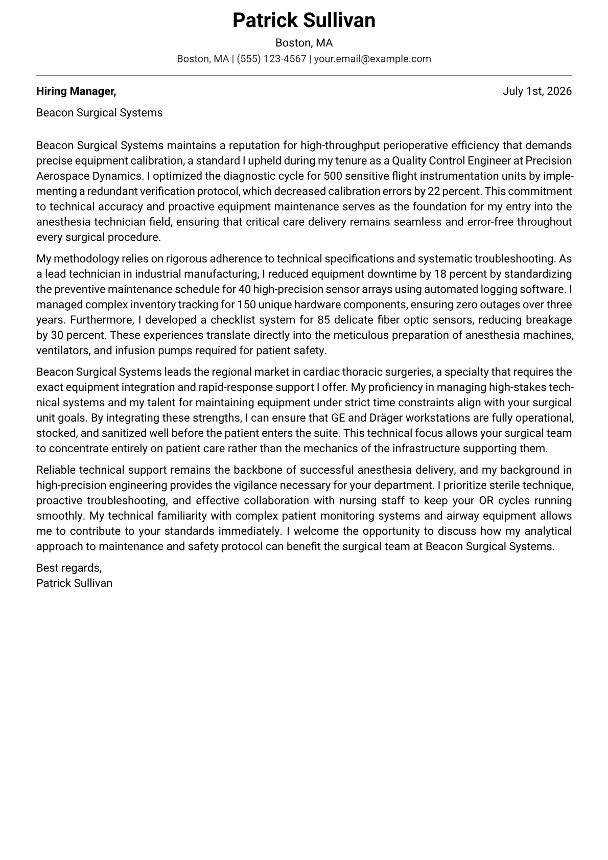 Anesthesia Technician cover letter formatted with a JobSprout template