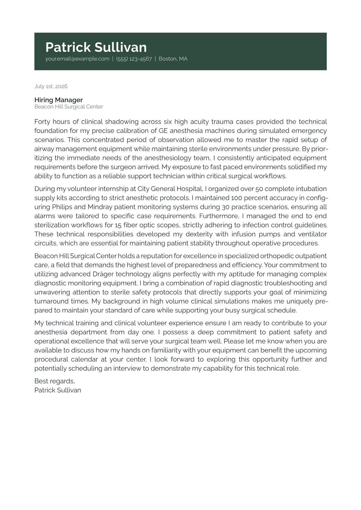 Anesthesia Technician cover letter formatted with a JobSprout template