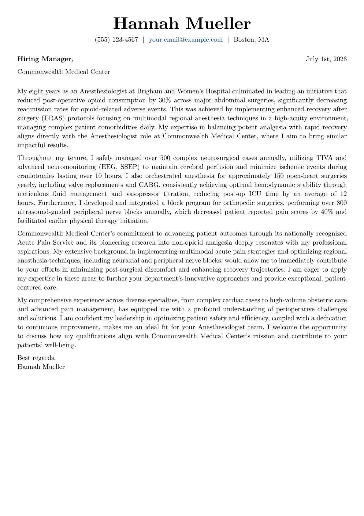 Anesthesiologist cover letter formatted with a JobSprout template