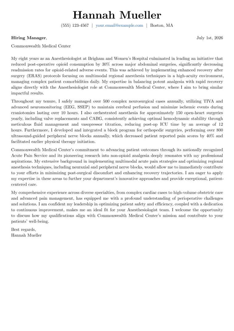 Anesthesiologist Cover Letter Example