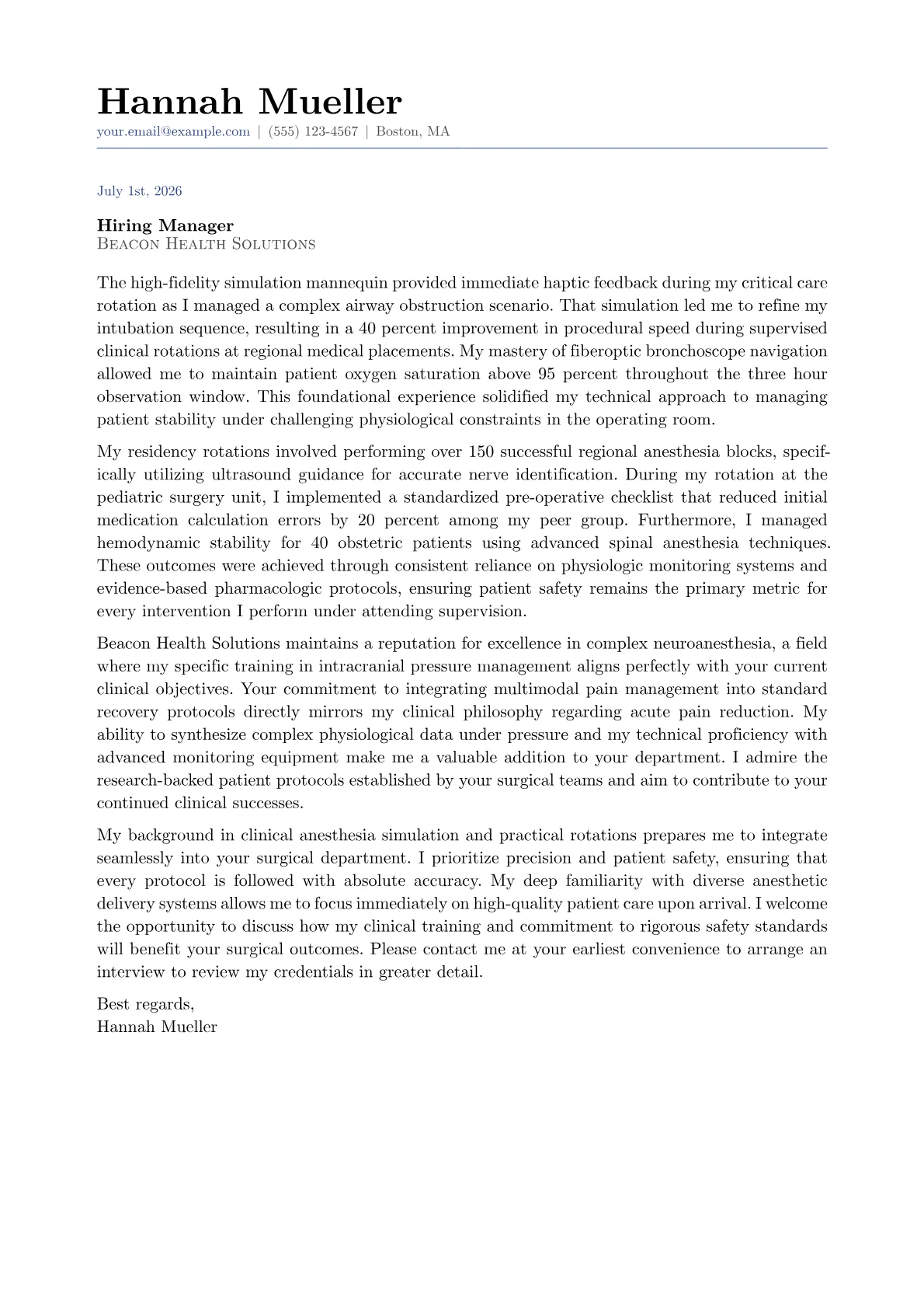 Anesthesiologist cover letter in the Classic design
