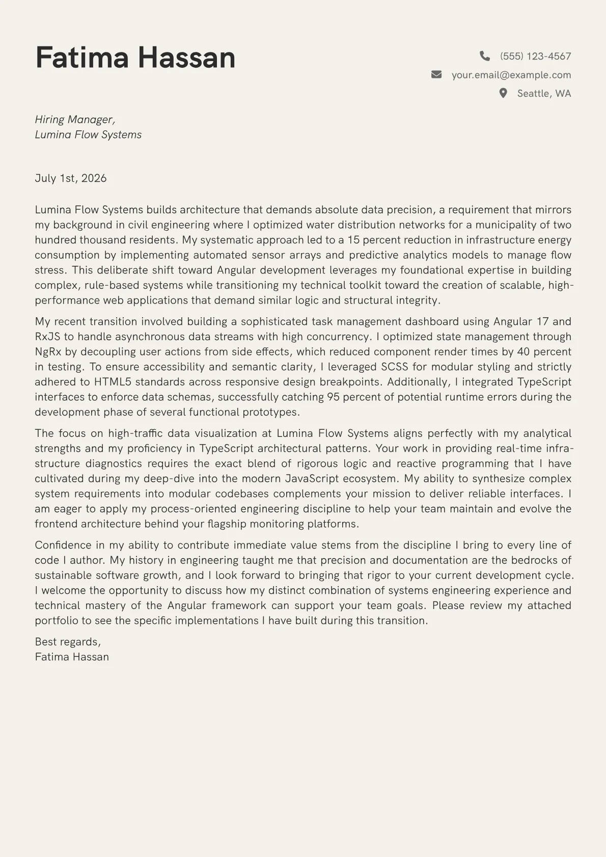 Angular Developer cover letter in the Creative design