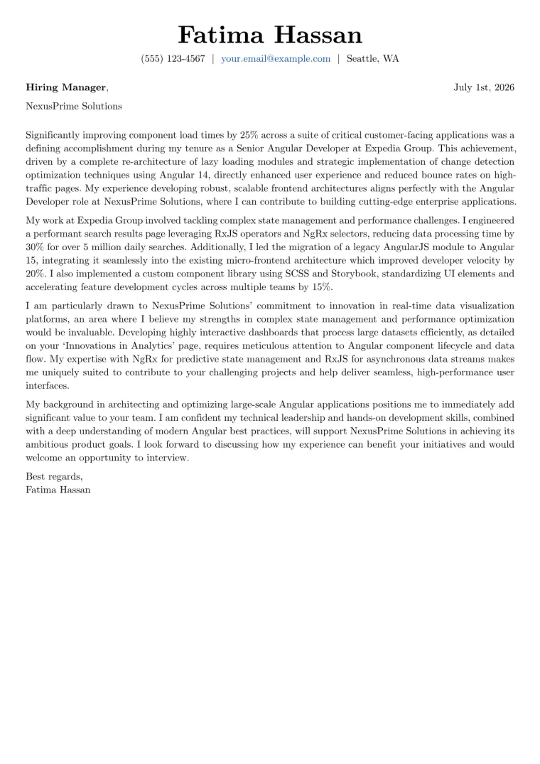 Angular Developer cover letter example preview