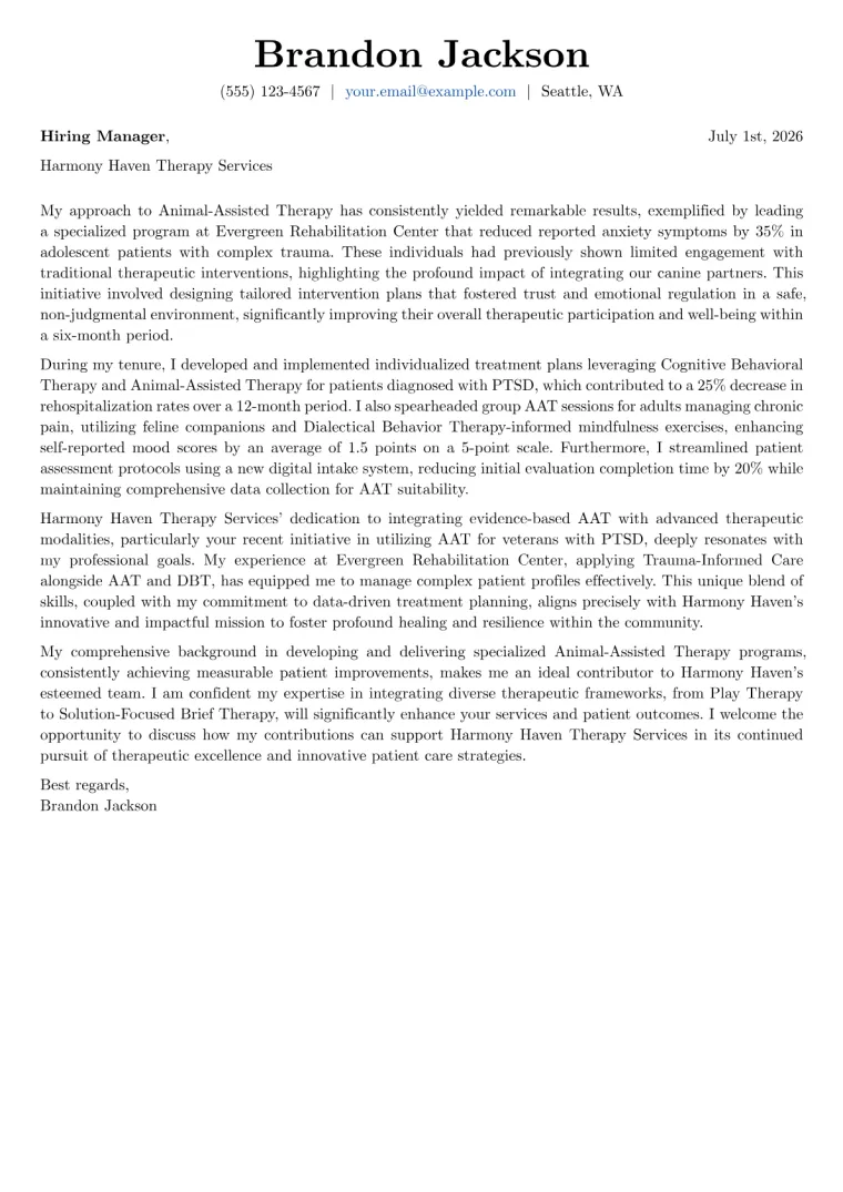 Animal-Assisted Therapist Cover Letter Example