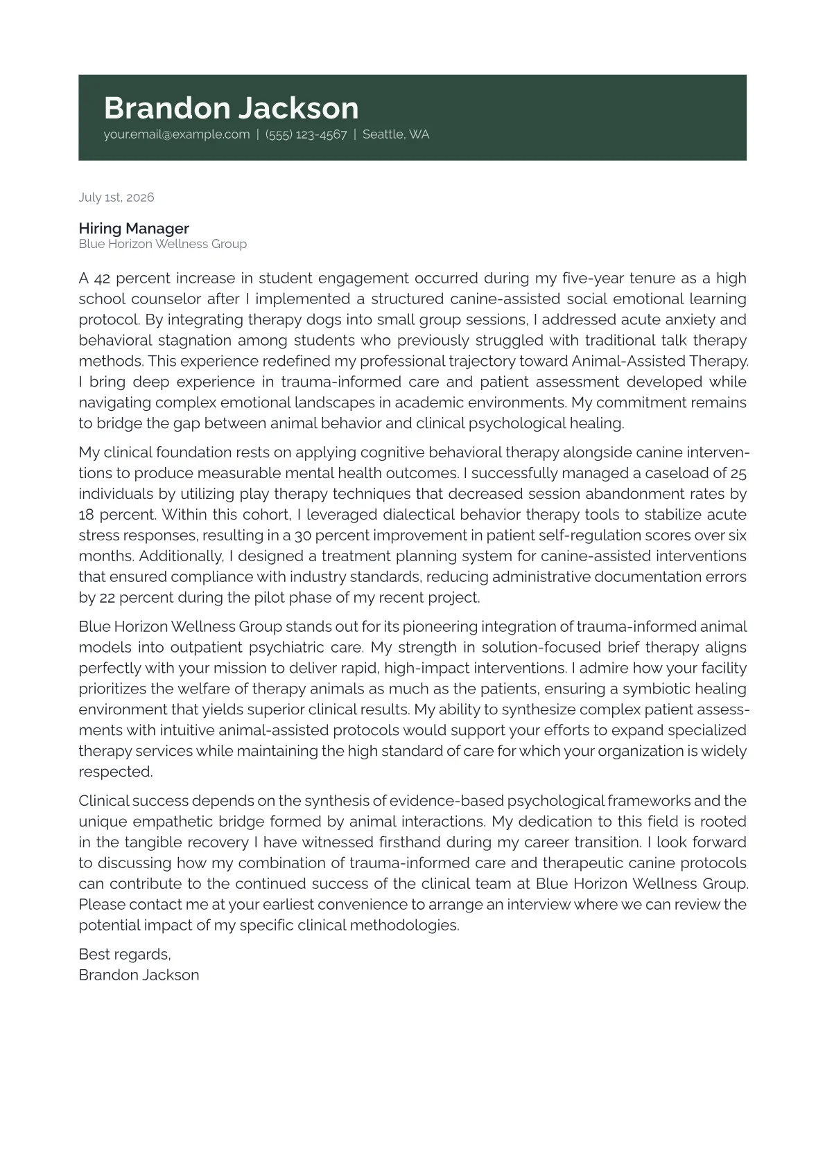 Animal-Assisted Therapist cover letter in the Banner design