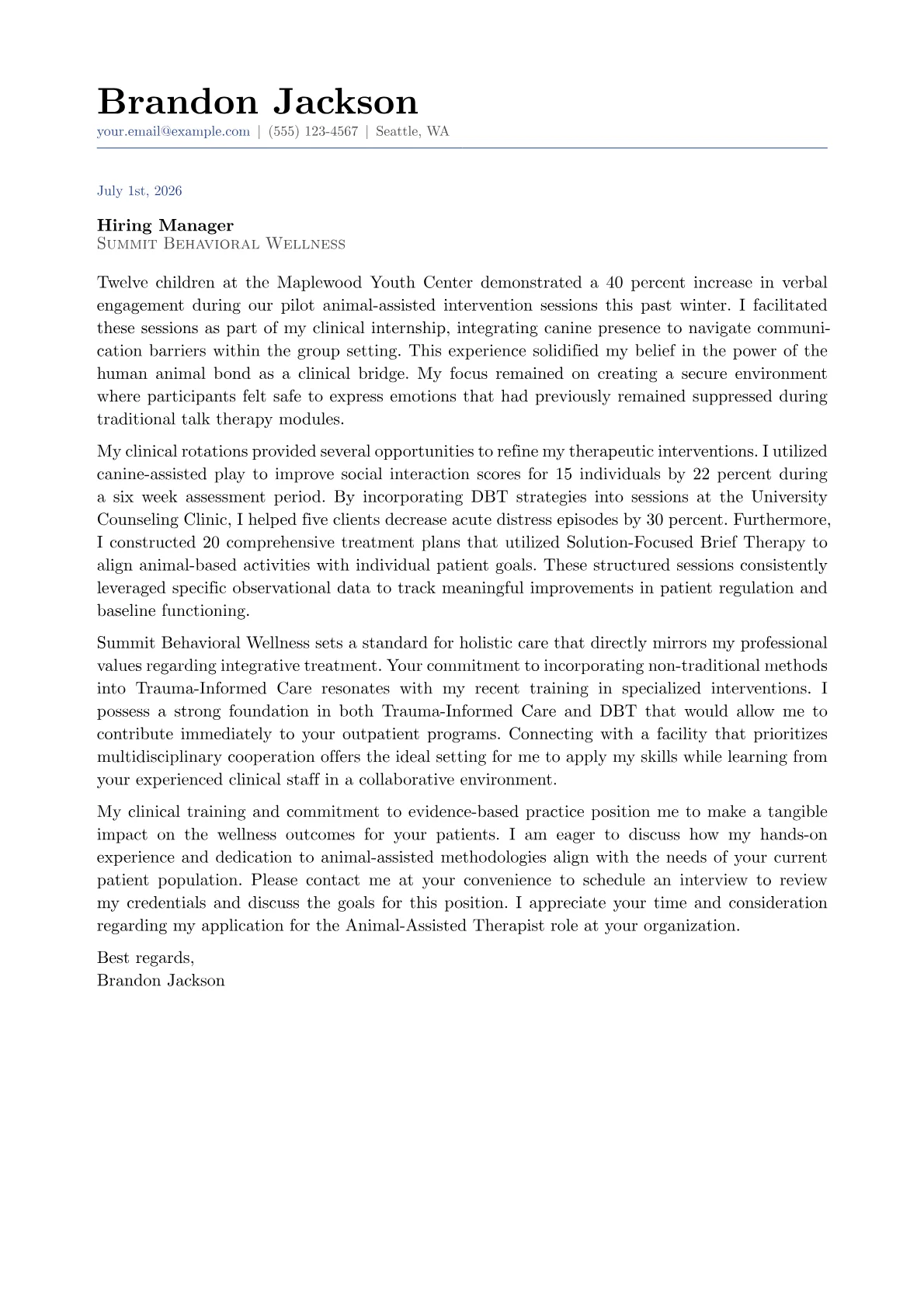 Animal-Assisted Therapist cover letter in the Classic design