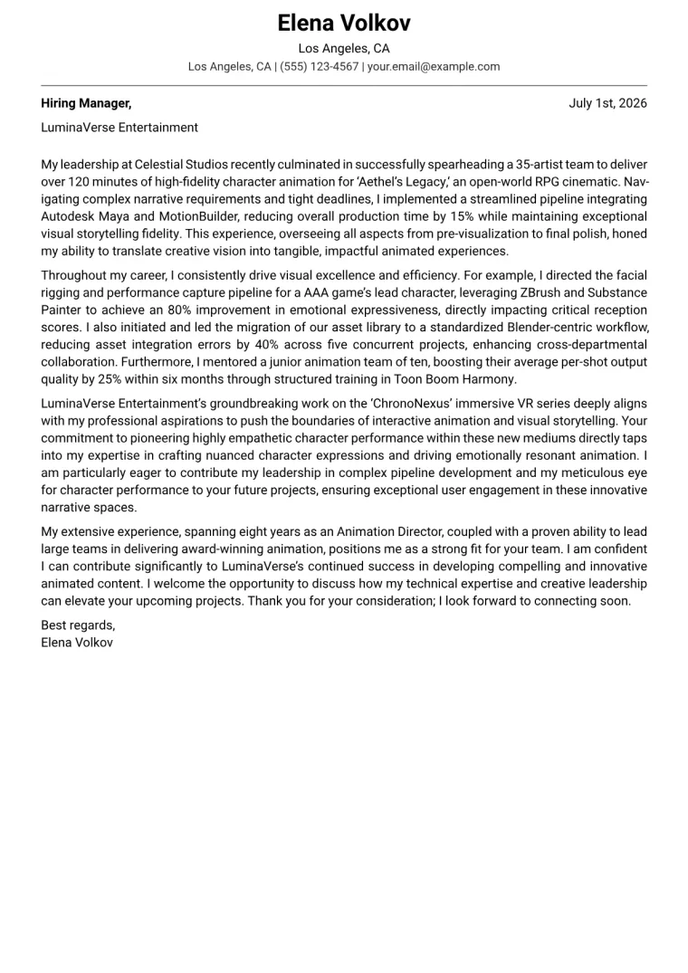 Animation Director cover letter example preview
