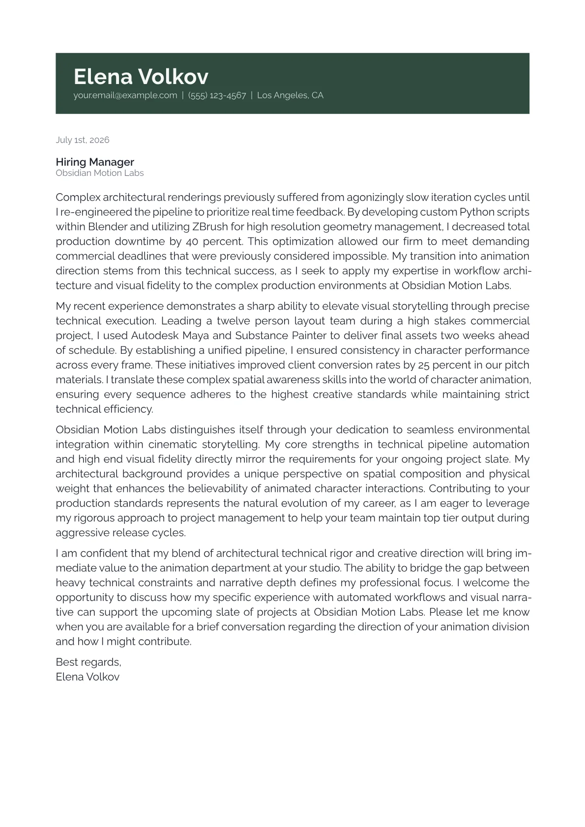 Animation Director cover letter in the Banner design