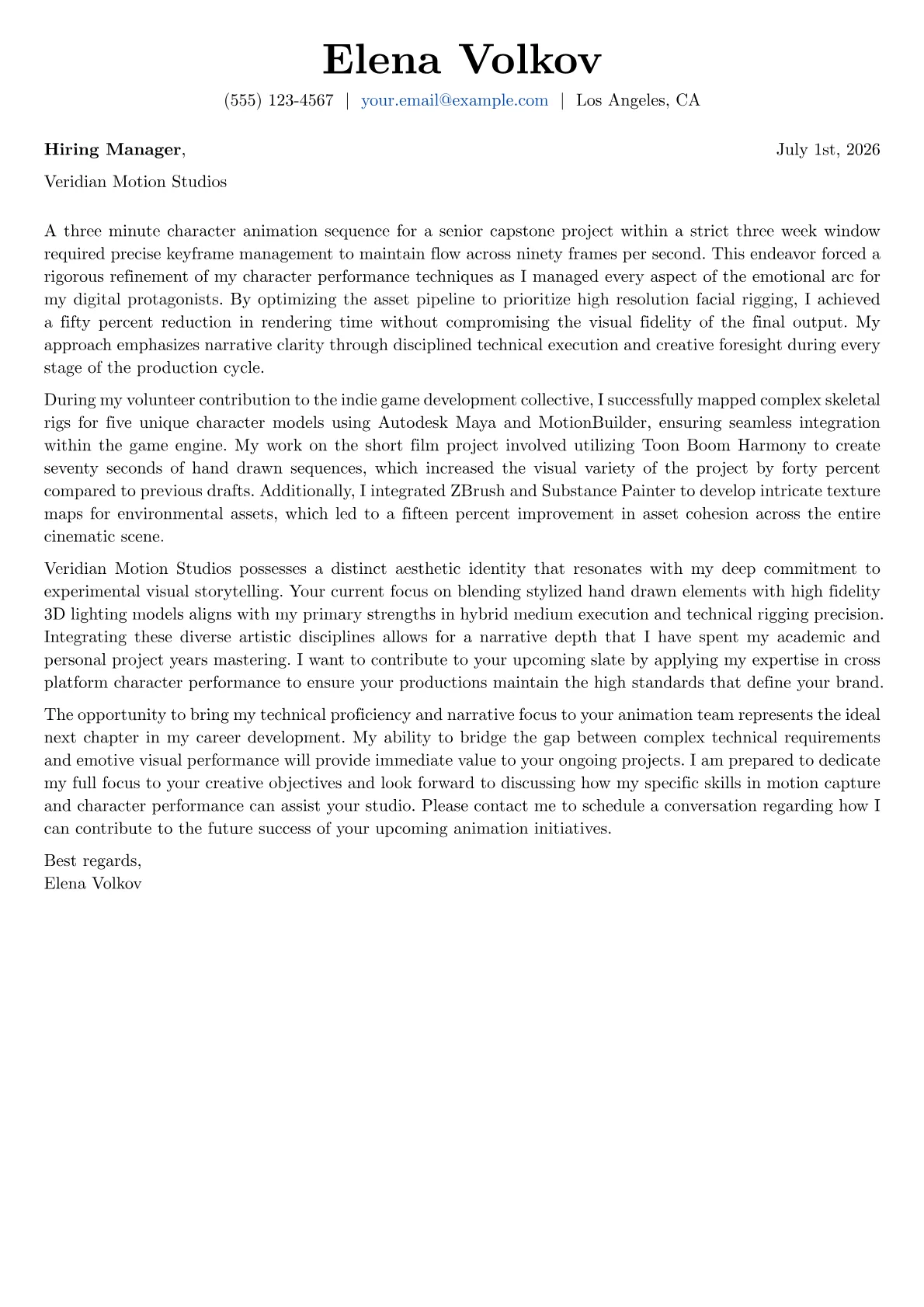 Animation Director cover letter in the Basic design