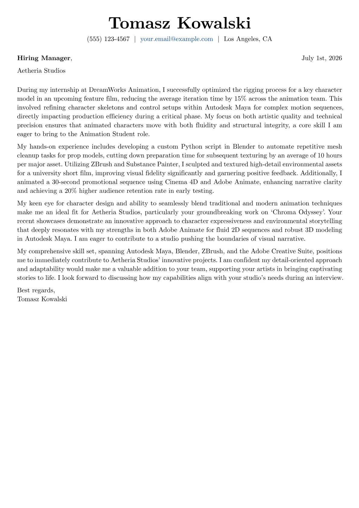 Animation Student cover letter formatted with a JobSprout template