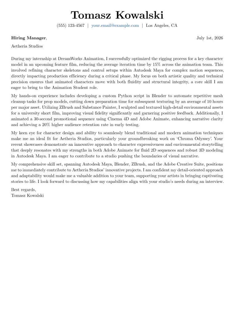 Animation Student Cover Letter Example