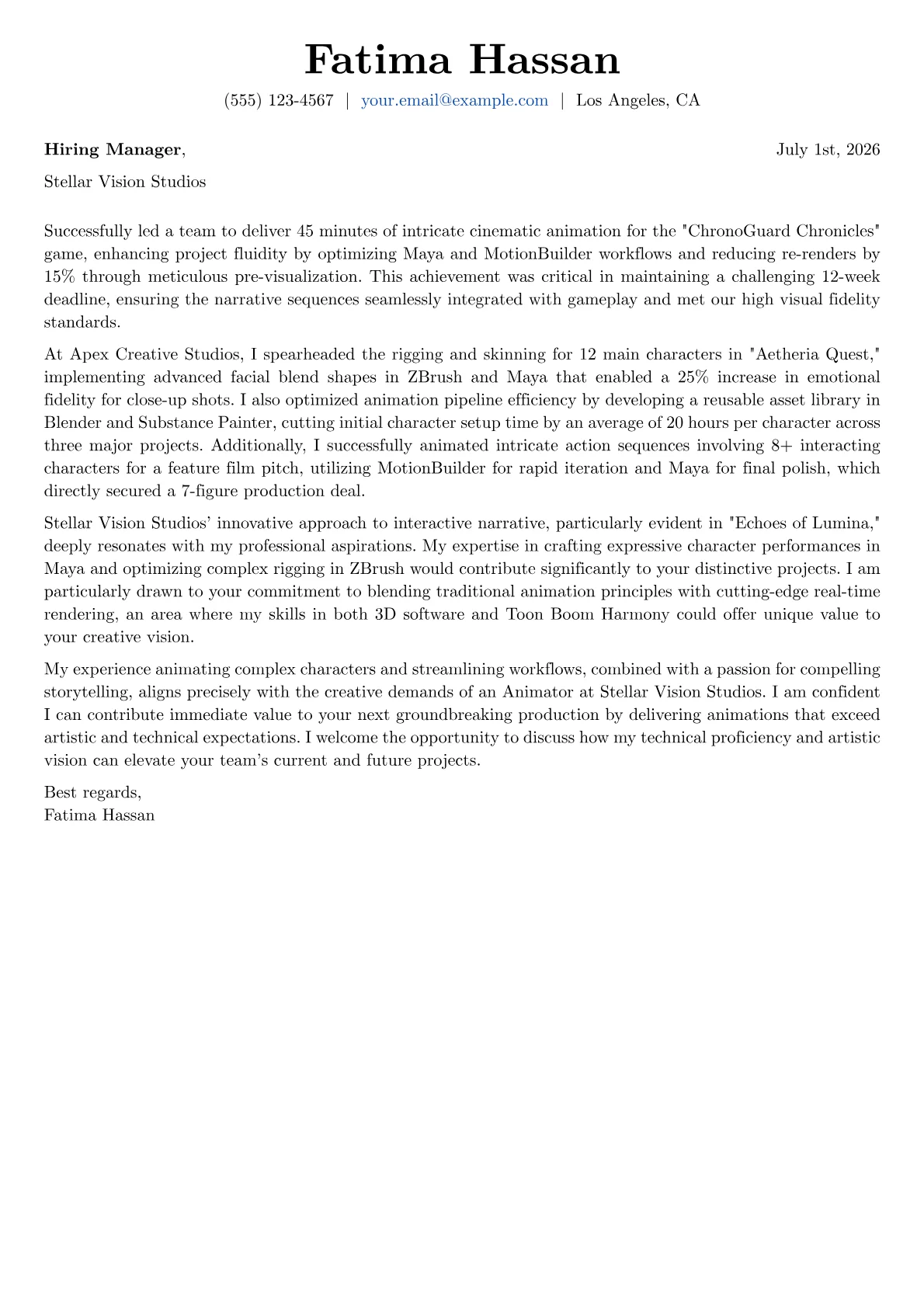 Animator cover letter formatted with a JobSprout template