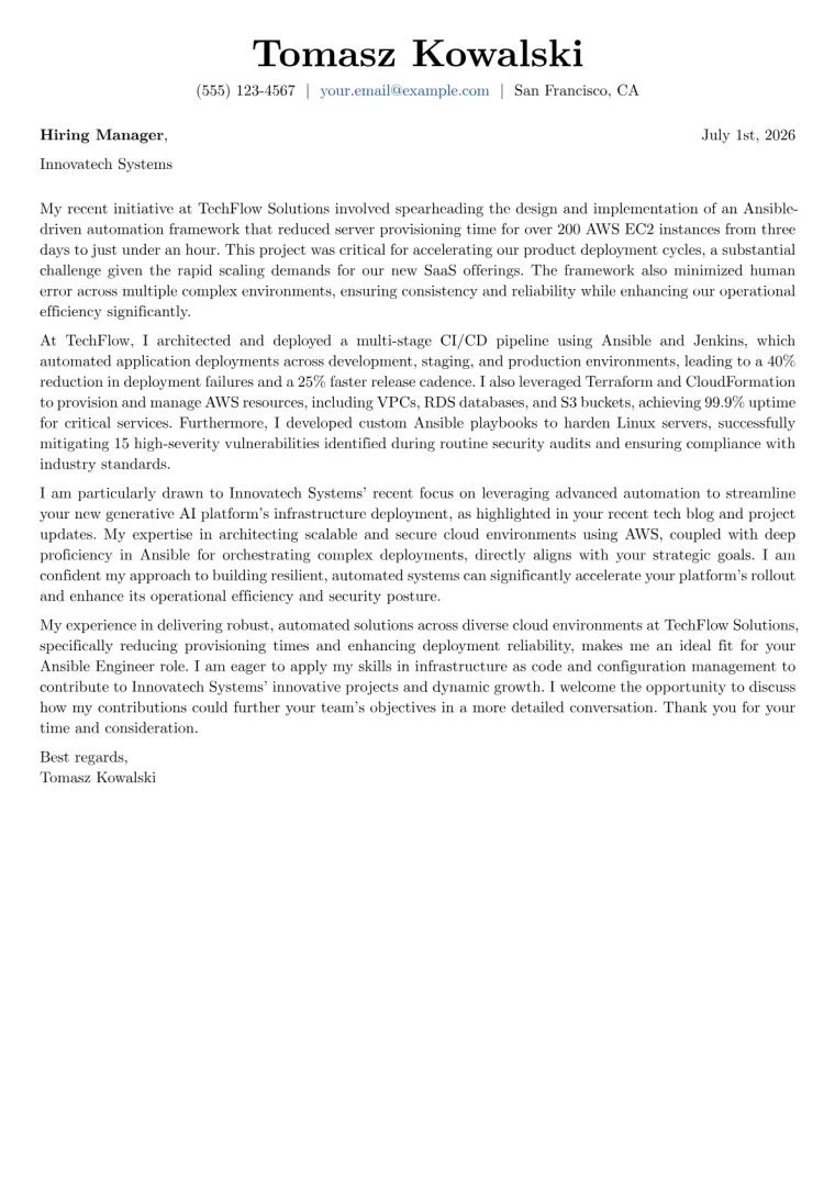 Ansible Engineer Cover Letter Example