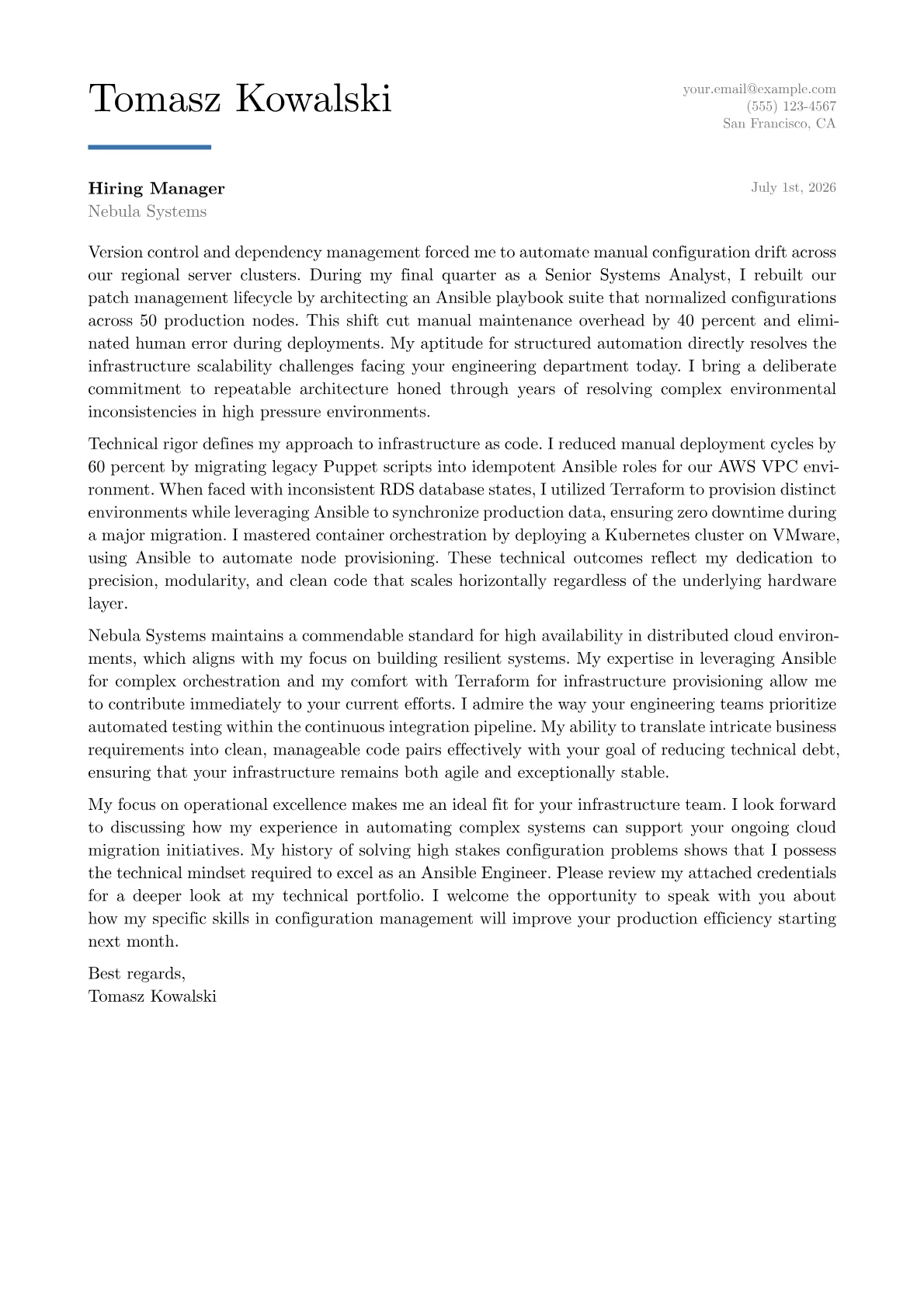 Ansible Engineer cover letter in the Executive design