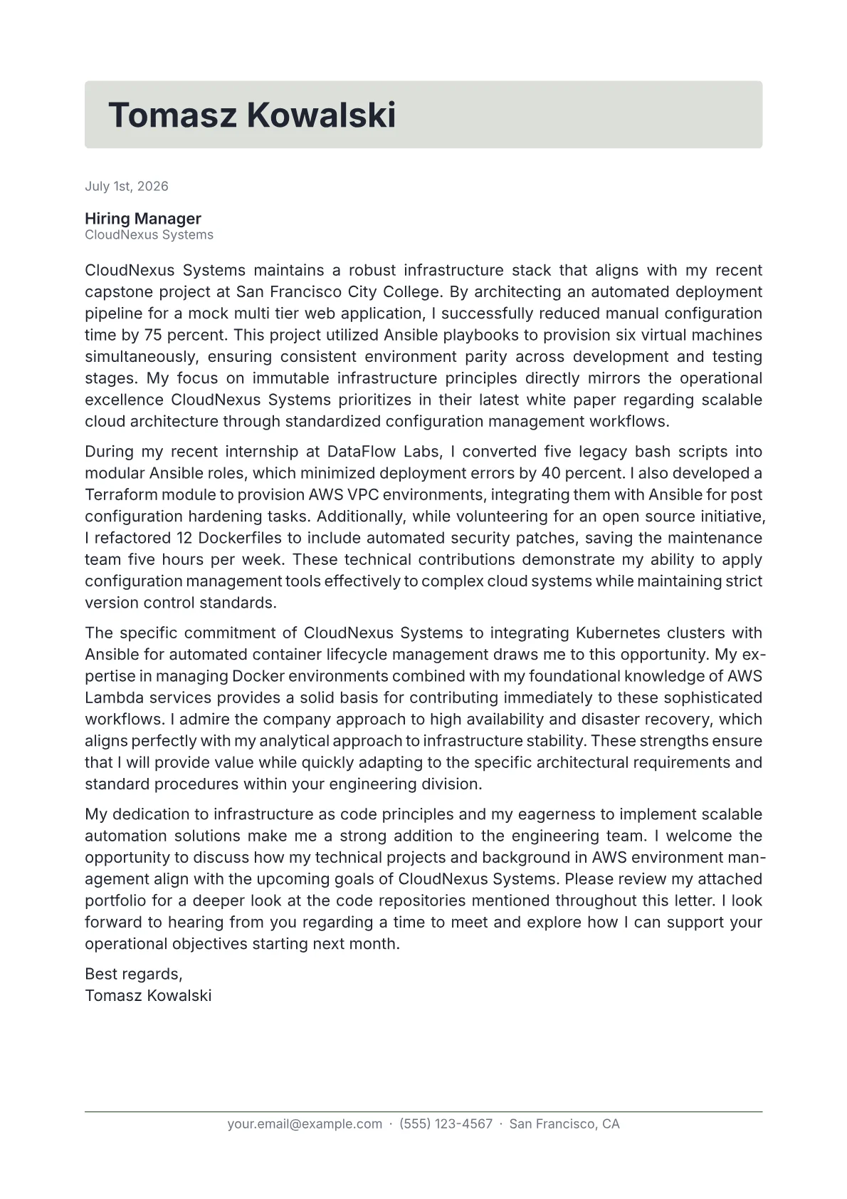 Ansible Engineer cover letter in the Letterhead design
