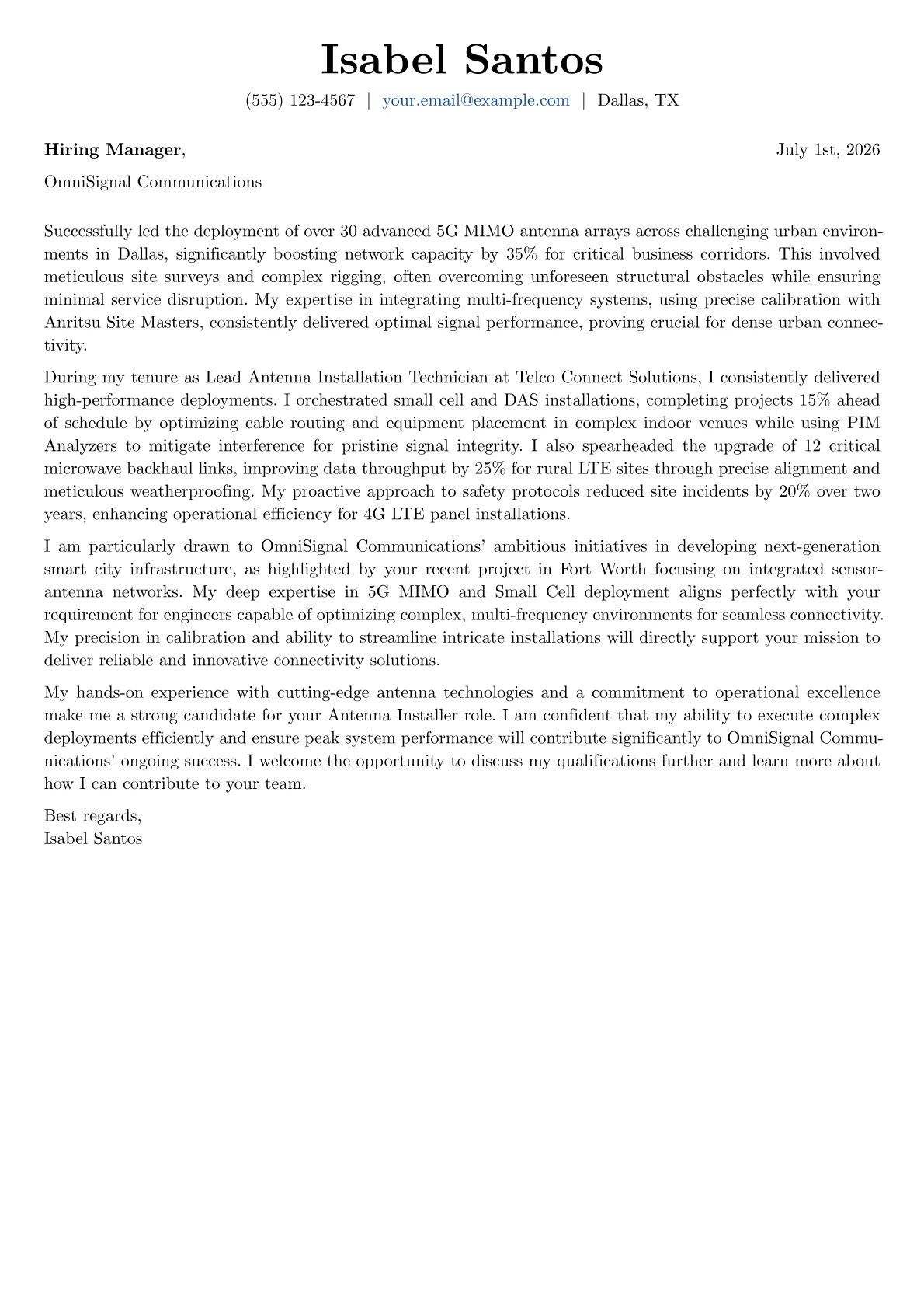 Antenna Installer cover letter formatted with a JobSprout template