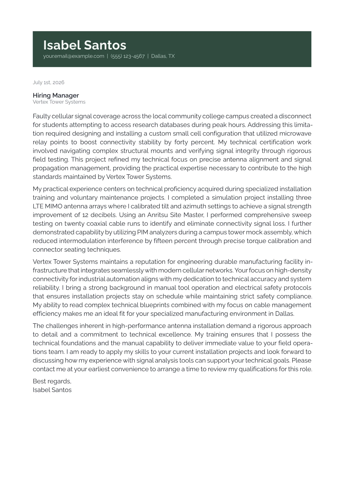 Antenna Installer cover letter in the Banner design
