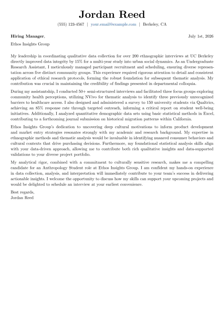 Anthropology Student cover letter example preview